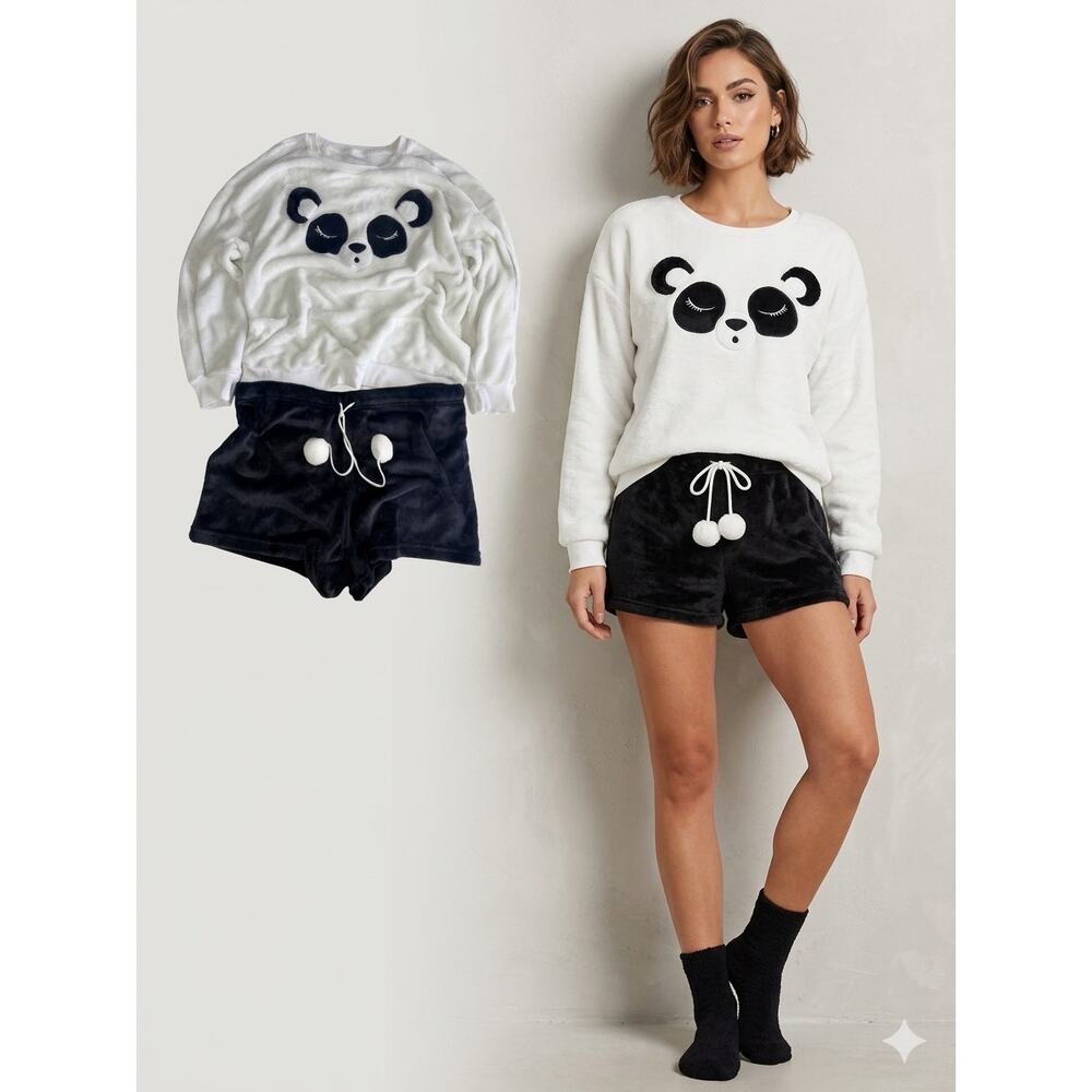 Secret Treasures Large 12-14 Panda Pajama Set Fuzzy Fleece Sweatshirt & Shorts